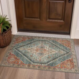 bavni entryway rug, machine washable rugs non slip, vintage oriental 2x3 entry rug, thin stain resistant small rug for kitchen, bedroom, floor, orange/blue