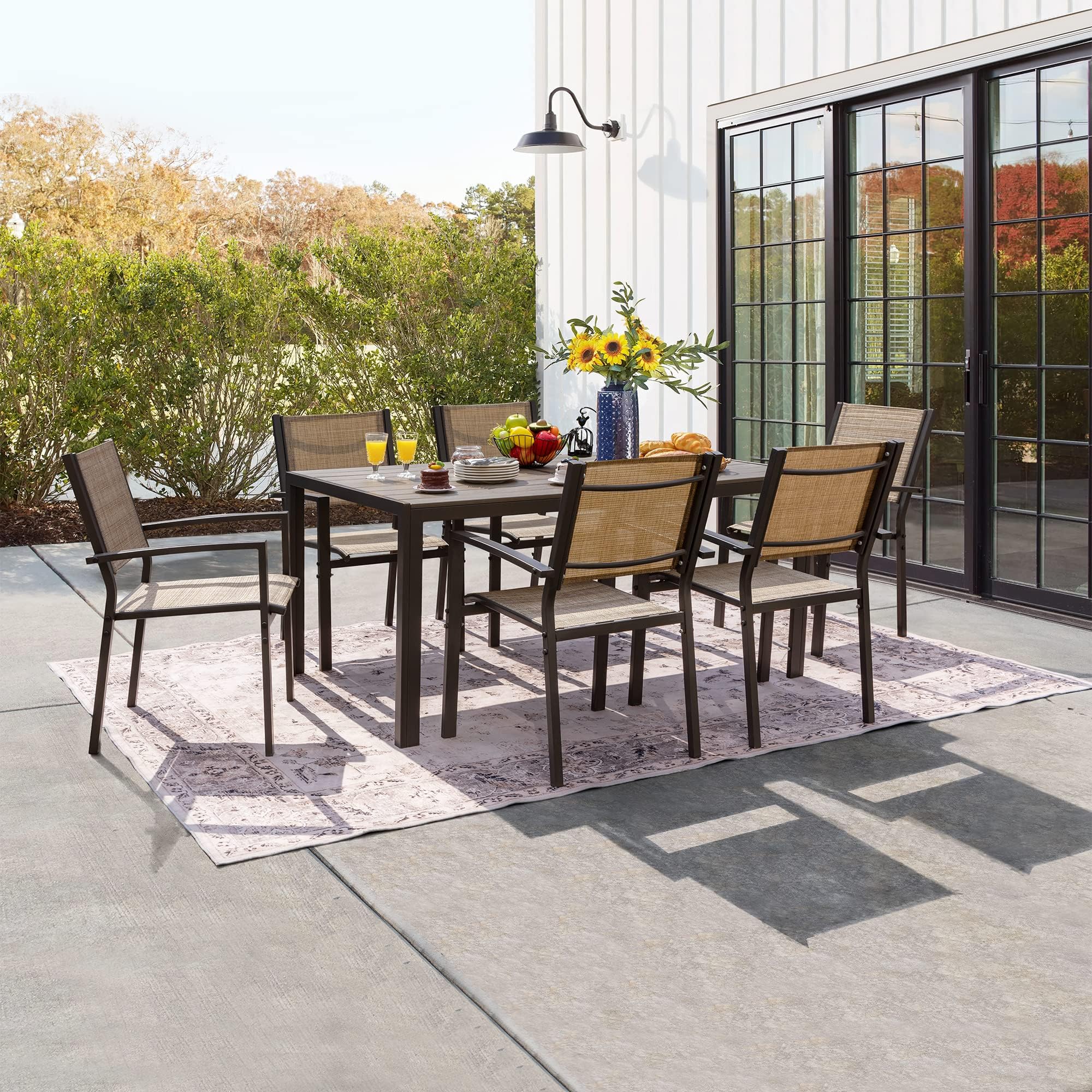 Flamaker Patio Dining Set 7 Piece Metal Frame Outdoor Furniture with 6 Textilene Chairs and Rectangular Table Family Kitchen Conversation Set for Backyard, Lawn (Brown)