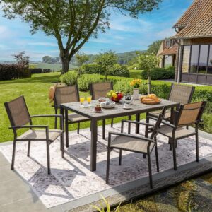 Flamaker Patio Dining Set 7 Piece Metal Frame Outdoor Furniture with 6 Textilene Chairs and Rectangular Table Family Kitchen Conversation Set for Backyard, Lawn (Brown)