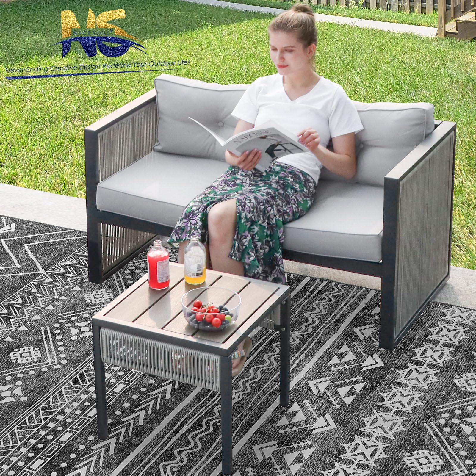 NICESOUL Patio Furniture Set Heavy Duty, Modern Outdoor Loveseat Sofa Chair with Side Table, All-Weather PE Rattan Double-Layered Woven Rope Iron Frame Thick Cushion Couch for Outside Backyard 2 Seats