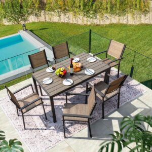 Flamaker Patio Dining Set 7 Piece Metal Frame Outdoor Furniture with 6 Textilene Chairs and Rectangular Table Family Kitchen Conversation Set for Backyard, Lawn (Brown)