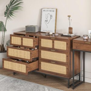 Rattan 6 Drawer Dresser Mid Century Modern Dresser Chest of Drawers Boho Farmhouse 6 Drawer Cabinet with Wide Drawers Metal Legs Storage Dressers Chest for Bedroom, Living Room