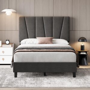 garveehome twin size bed frame with adjustable headboard, linen upholstered twin platform bedframe with strong wooden slats, mattress foundation, no box spring needed, easy assembly, dark grey