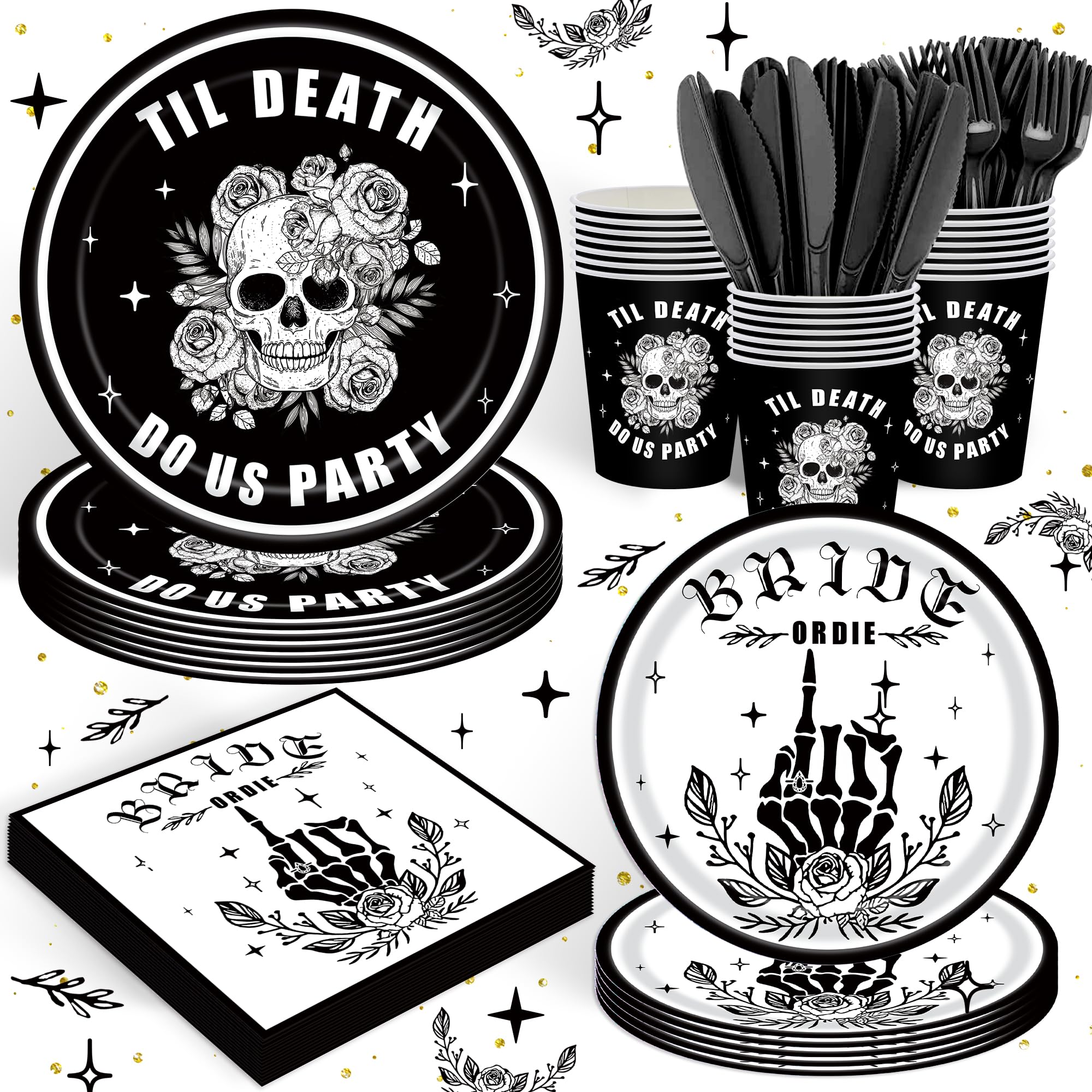 120PCS Bride Or Die Bachelorette Party Supplies Till Death Do Us Party Decorations Halloween Black Bridal Shower Wedding Party Tableware Paper Plates Napkins Forks For 20 Guests