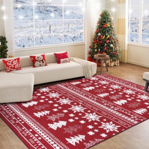 auemtyn area rug, 8x10 christmas rug for living room, christmas area rug with non-slip backing, stain resistant snowflake rug for bedroom,ultra-thin washable rug for christmas decor(8'x10', red)