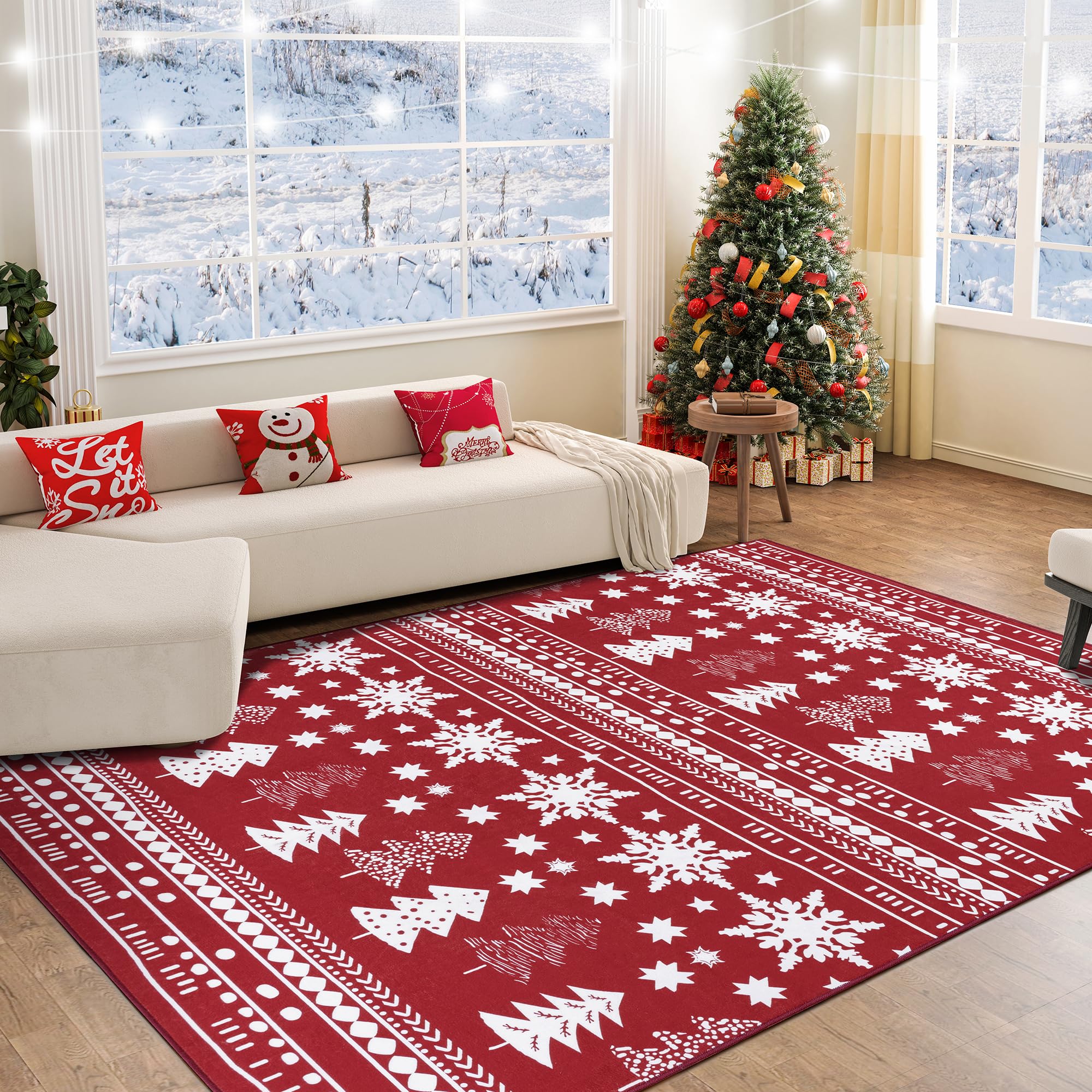 Auemtyn Area Rug, 8x10 Christmas Rug for Living Room, Christmas Area Rug with Non-Slip Backing, Stain Resistant Snowflake Rug for Bedroom,Ultra-Thin Washable Rug for Christmas Decor(8'x10', Red)