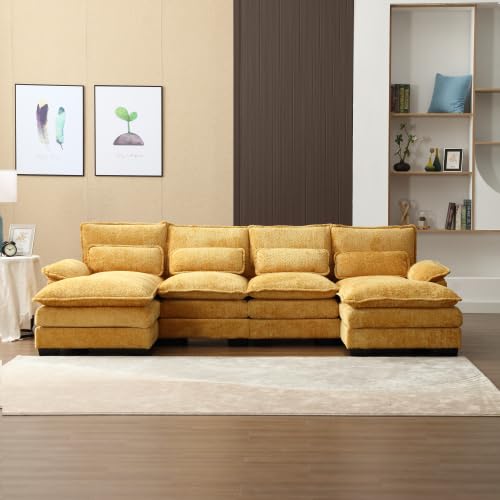 MOONMISS Modular Sectional Sofa, Modern U Shaped Sofa Couch with High Supportive & Soft Cushions, Cozy Deep Seat Couch with Double Chaise for Living Room, Apartment, Office, Mustard Yellow