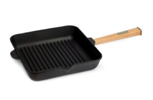 stp goods cast iron grill pan with removable wooden handle 10.2" kitchen cooking pan 2.74 qt square cast iron skillet, camping pan for indoor and outdoor cooking, induction safe, black