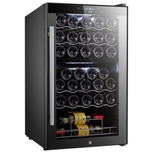 nutrichef pkcwcds335.5 chilling refrigerator cellar-dual-zone wine cooler/chiller, digital touch button control with air tight seal, contains placement for standing (33 bottle storage capacity), black