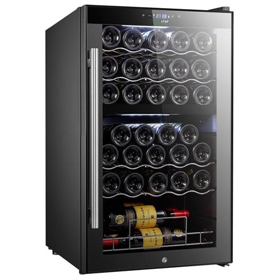 NutriChef PKCWCDS335.5 Chilling Refrigerator Cellar-Dual-Zone Wine Cooler/Chiller, Digital Touch Button Control with Air Tight Seal, Contains Placement for Standing (33 Bottle Storage Capacity), Black