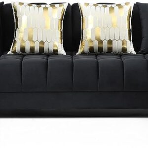 Woodpecker's Inc Marigold Velvet U-Shaped Double Chaise Sectional Sofa - with 6 Pillows & Gold Legs (Black)