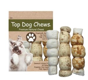 top dog chews – 9” – 11"- variety 3 pack, 1 roasted buffalo beef cheek roll, 1 with bully dust sprinkles, and 1 chicken wrapped