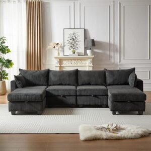 Eafurn 6 Seat Oversized Convertible U/L Shaped Modular Sectional Sofa Reversible Sleeper Couch Sofabed with Storage & 2 Movable Ottomans, Corduroy Lounge Sofa&Couch for Living Room Apartment