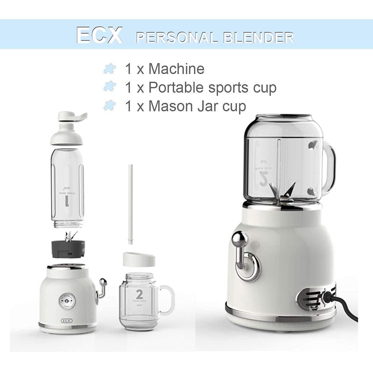 Retro Design Portable Juicer Blender, 6 Powerful Blades, for Shakes and Smoothies,Includes 21oz Portable Cup & 17oz Mason Cup - Ideal for Home, Office, and Travel (White)