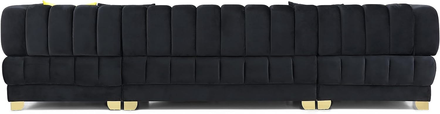 Woodpecker's Inc Marigold Velvet U-Shaped Double Chaise Sectional Sofa - with 6 Pillows & Gold Legs (Black)