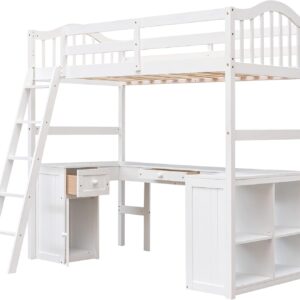 Harper & Bright Designs Twin Size Loft Bed with Desk, Wood Loft Bed Twin with Drawers, Cabinet, Shelves, Kids Loft Twin Bed with Desk and Storage for Girls Boys Teens,No Box Spring Needed,White