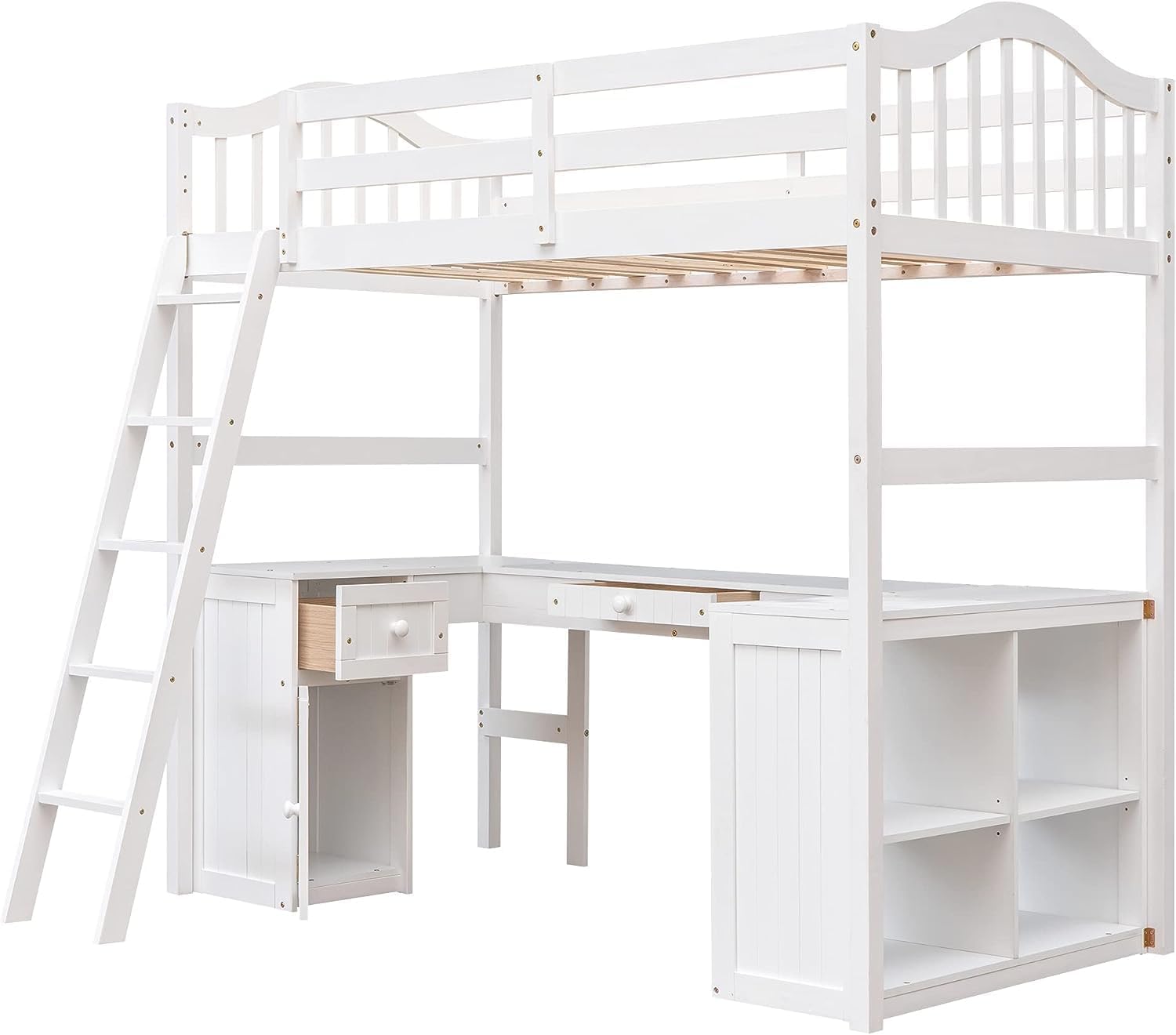 Harper & Bright Designs Twin Size Loft Bed with Desk, Wood Loft Bed Twin with Drawers, Cabinet, Shelves, Kids Loft Twin Bed with Desk and Storage for Girls Boys Teens,No Box Spring Needed,White