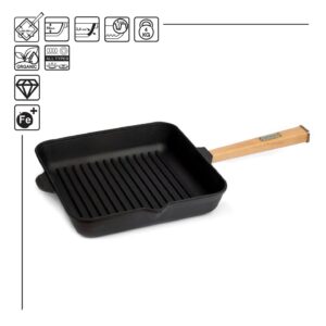 STP GOODS Cast Iron Grill Pan with Removable Wooden Handle 10.2" Kitchen Cooking Pan 2.74 Qt Square Cast Iron Skillet, Camping Pan for Indoor and Outdoor Cooking, Induction Safe, Black