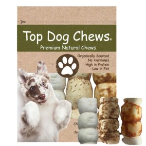 Top Dog Chews – 6” Variety 3 Pack, 1 Roasted Buffalo Beef Cheek Roll, 1 with Bully Dust Sprinkles, and 1 Chicken Wrapped.