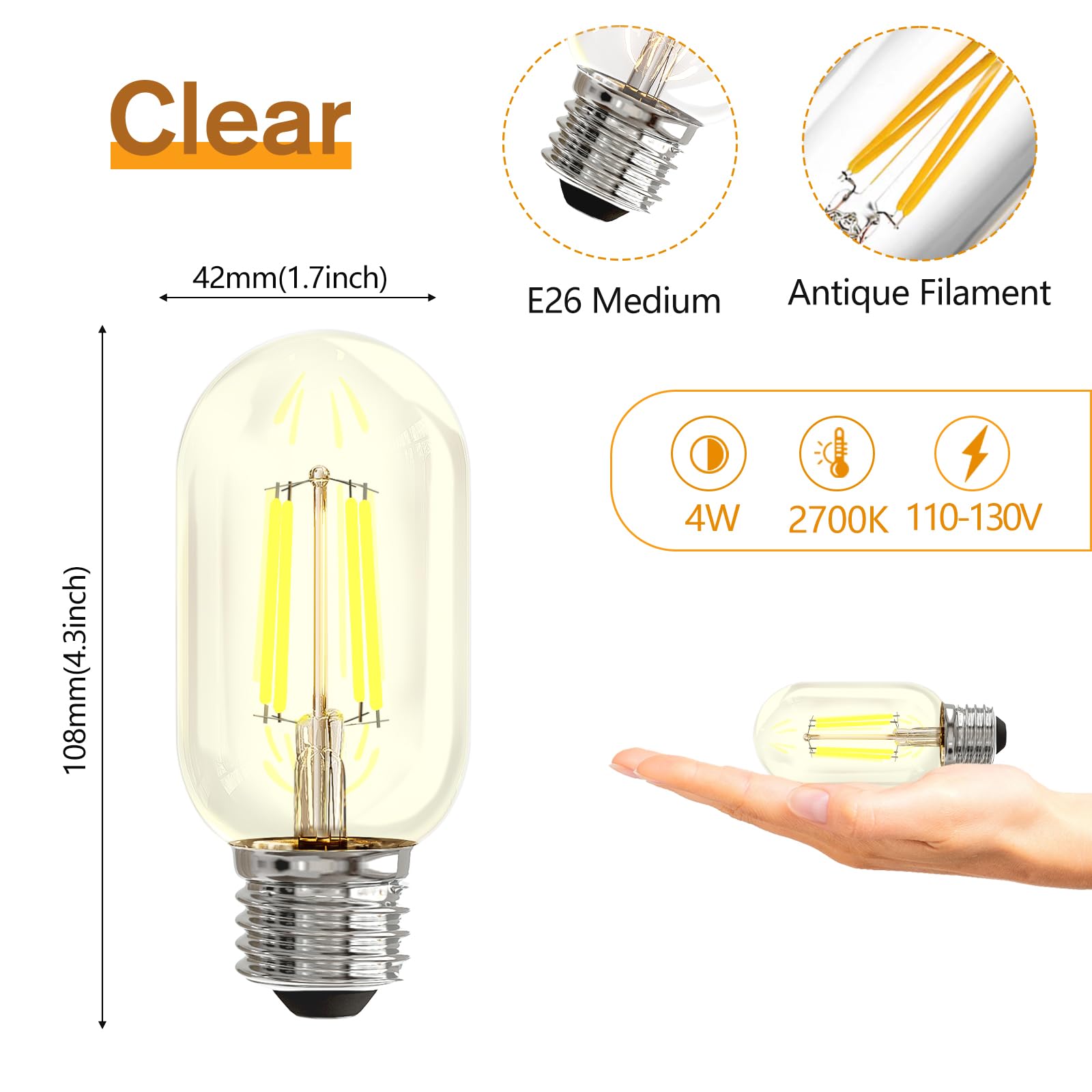 NUODIFAN 4 Pack T45 LED Edison Bulbs, Vintage LED Filament Bulbs 4W Equivalent 40W, 110-130V E26 Base 2700K Warm White Light, CRI 90+ Clear Glass Small Bulbs, Great for Home Office Bedroom.