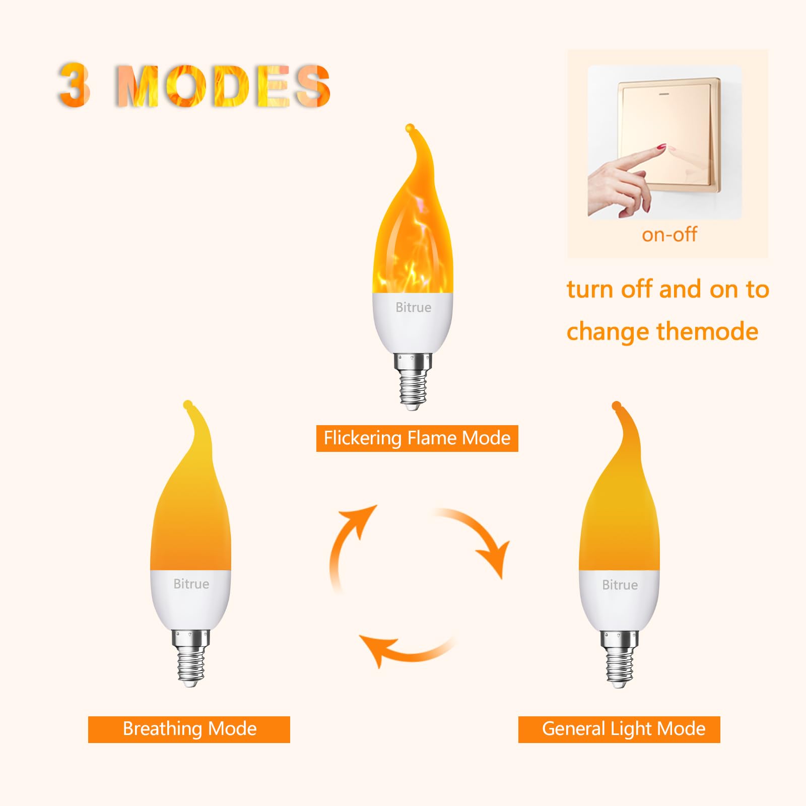 Bitrue LED Flame Light Bulbs, 3 Modes Flame Effect Light Bulbs, E12 Chandelier Base Candle Fire Light Bulb, Flickering Light Bulbs for/Home/Party Decor (E12-6 Pack)