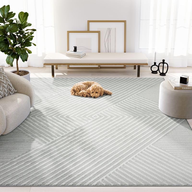 Abani Neutral Grey Area Rug 8' x 10' for Living Room, Bedroom - Criss Cross Line Zen Reiki Pattern - Durable & Easy to Clean