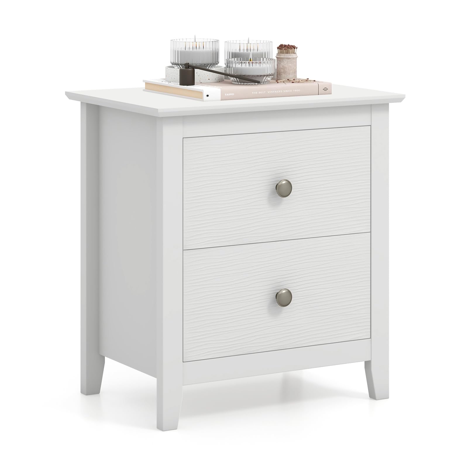 Giantex White Nightstand, Modern 2 Drawers Night Stand with Handles, Sofa Side Table with Sturdy Legs for Small Spaces, College Dorm, Kids’ Room, Wooden Bedside Table for Bedroom, White (1)