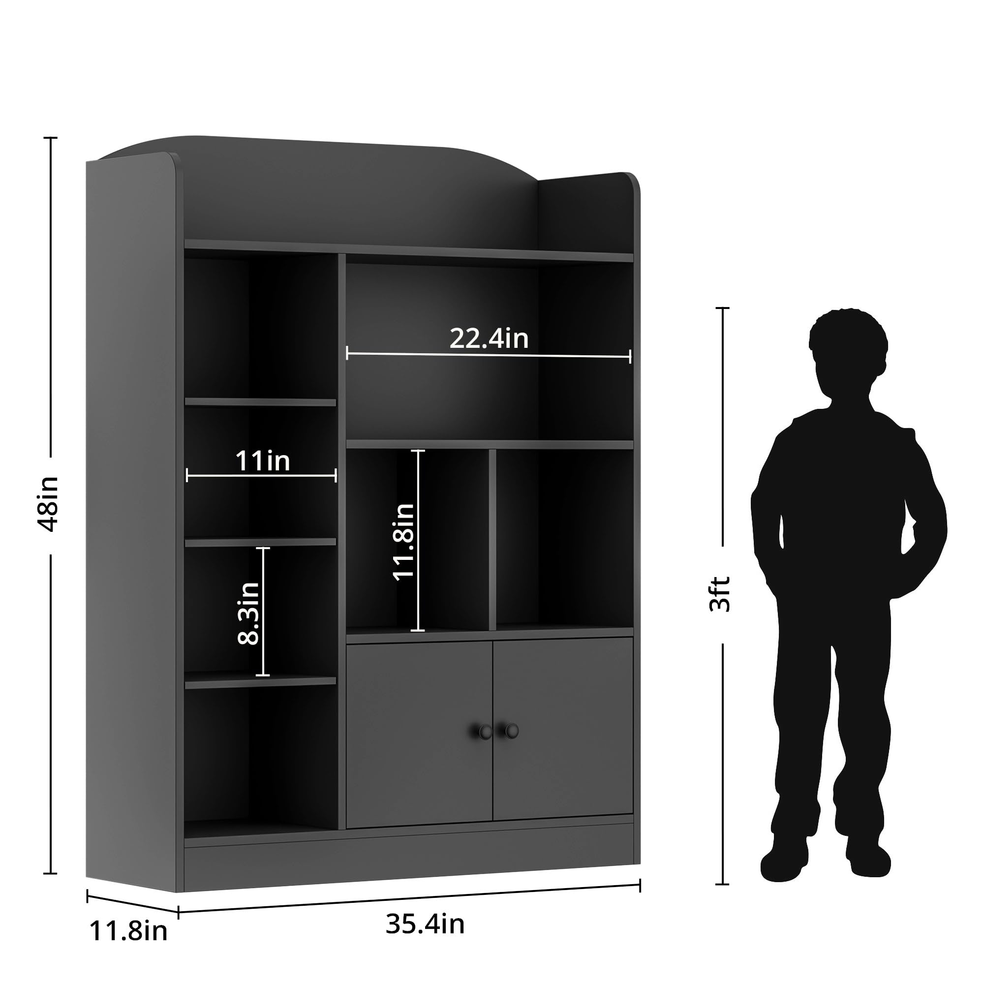 DIYART Black Kids Bookshelf, Kids Bookcase with 7 Cubbies and 2 Cabinets, Freestanding Book Storage Shelves for Bedroom, Playroom, Hallway