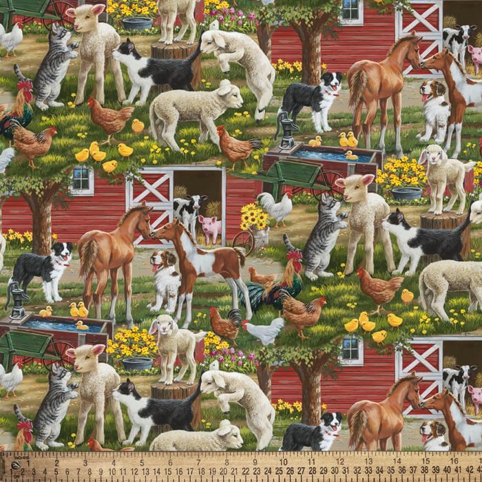 DAVID TEXTILES Farm Animals Make Barnyard Friends Digital Cotton Fabric by The Yard