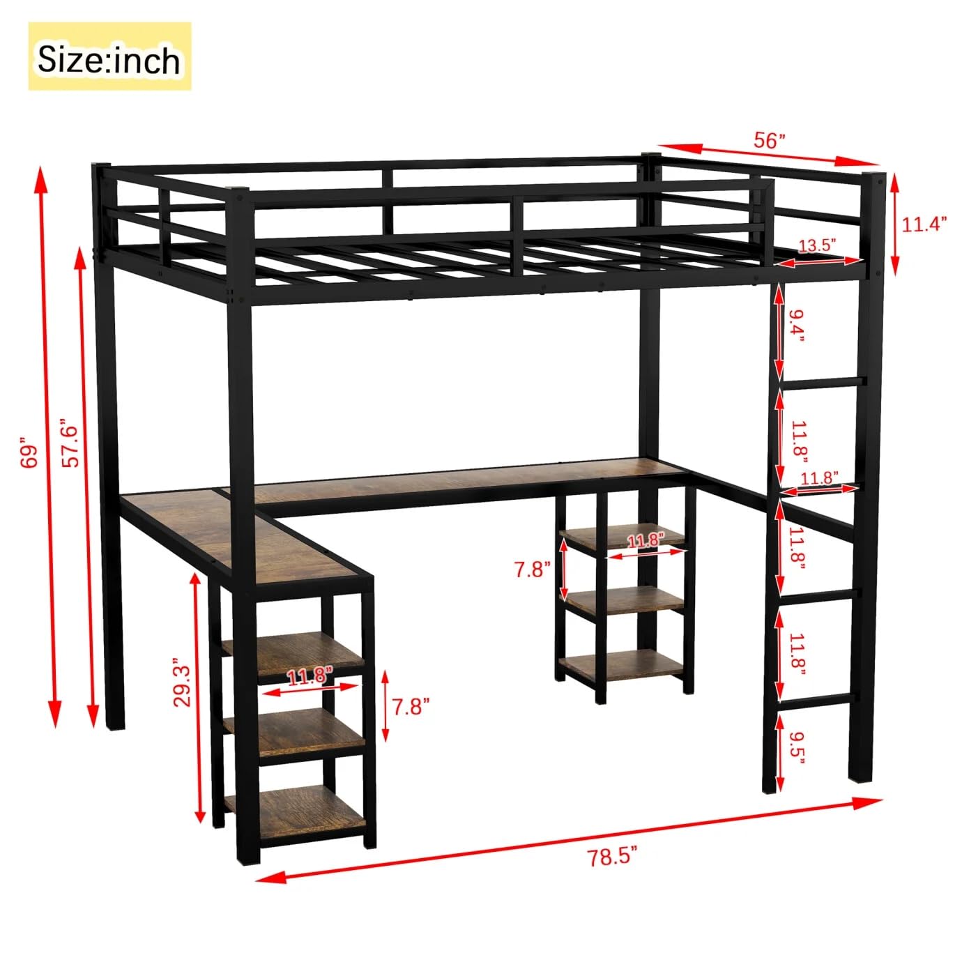 Full Loft Bed with L-shaped Wooden Desk and Storage Shelves, Full Size Loft Bed Frame with Safety Guardrail and Built-in Ladder for Boys Girls Juniors, No Box Spring Needed, Black and Brown