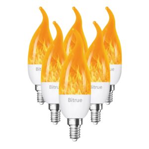 bitrue led flame light bulbs, 3 modes flame effect light bulbs, e12 chandelier base candle fire light bulb, flickering light bulbs for/home/party decor (e12-6 pack)