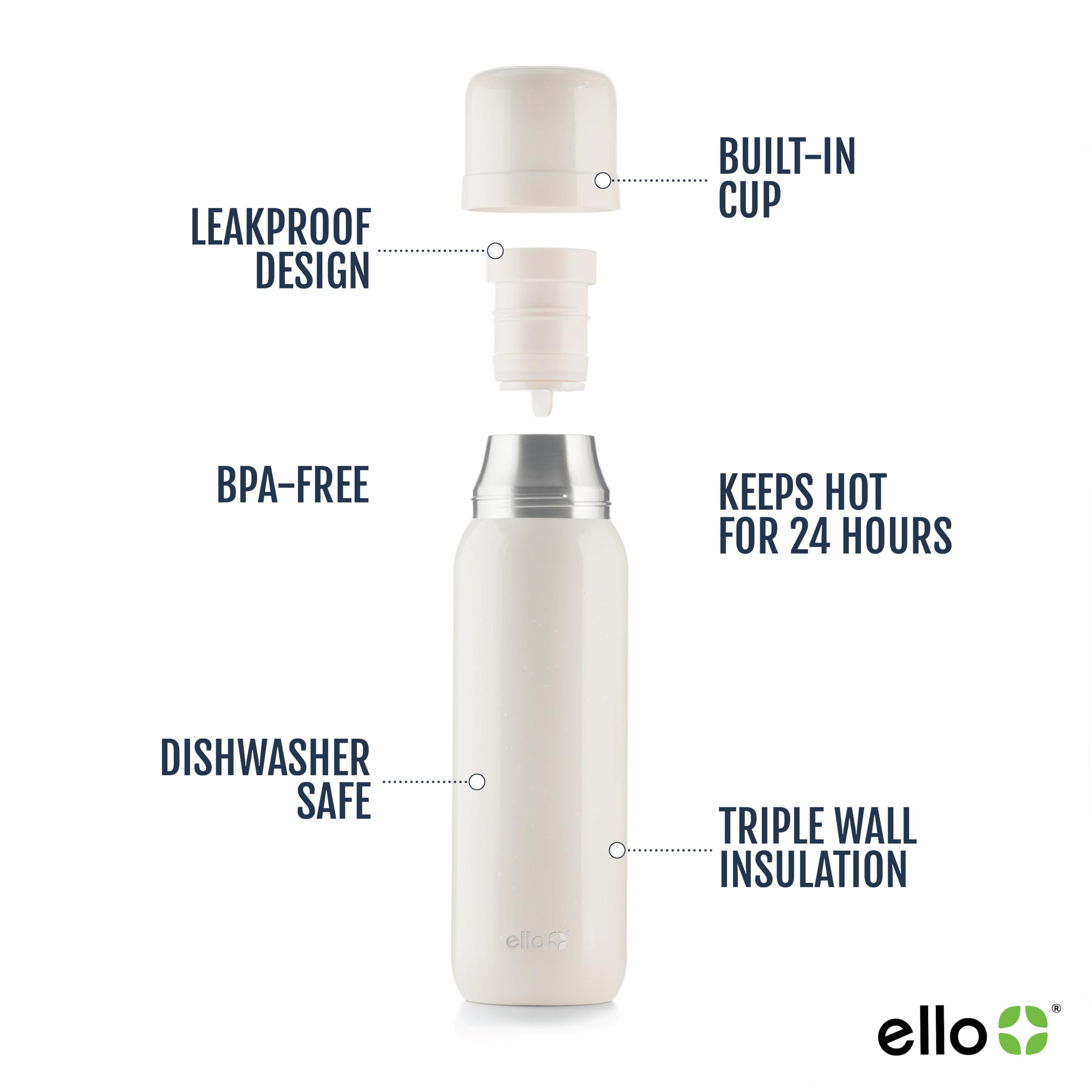 Ello Therma 32oz Insulated Stainless Steel Thermos for Hot & Cold Beverages with Leak Proof Lid & Built-in Cup, Triple Wall Insulation, Hot 24 Hrs, Perfect for Coffee,Tea, Dishwasher Safe, Cream