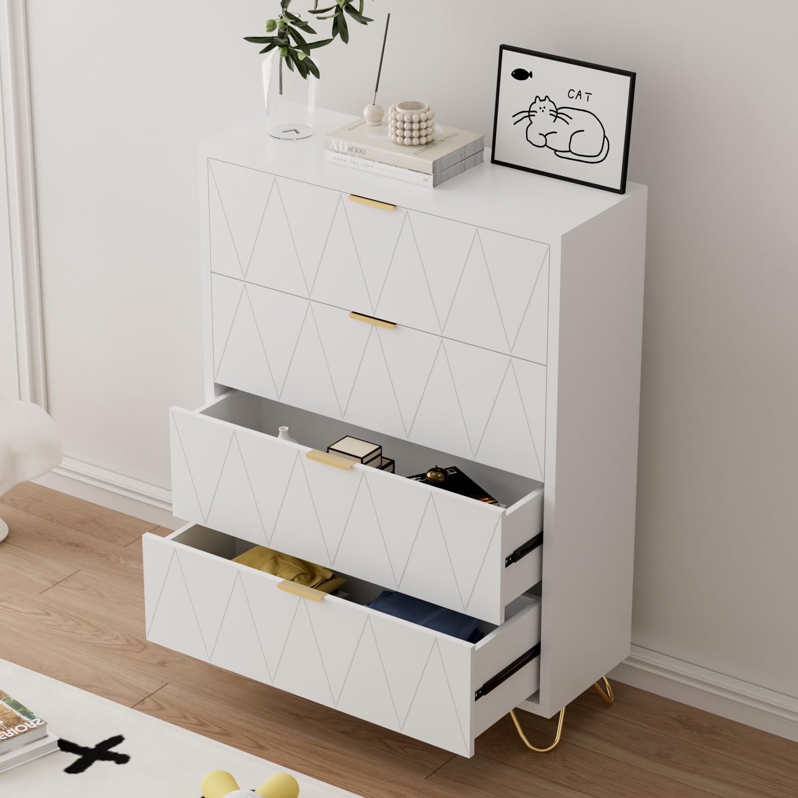 ADOFFUR White Dresser for Bedroom, Wood Tall 4 Drawers Dresser with Metal Handles and Legs, Modern Dressers & Chest of Drawers with with Anti-Tipping for Bedroom, Living Room, Hallway, Entryway