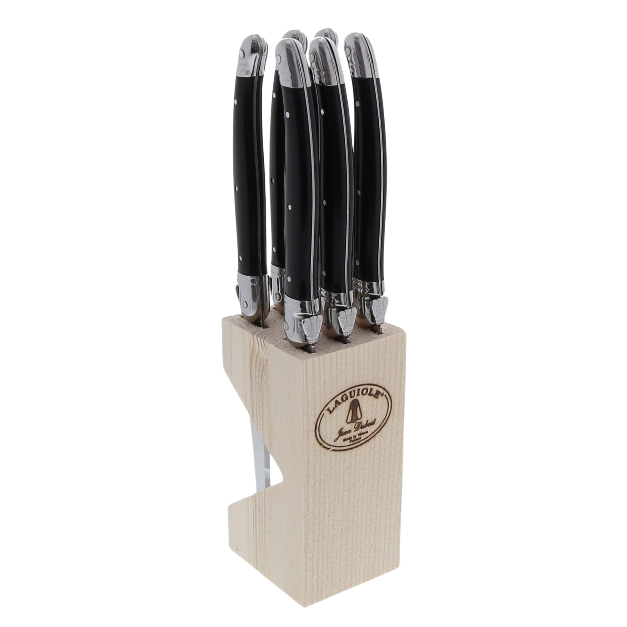 Jean Dubost Laguiole 6-Piece Steak Knife Set, Black Handles - 1.2 mm Blades - Rust-Resistant Stainless Steel - Includes Wooden Block - Made in France