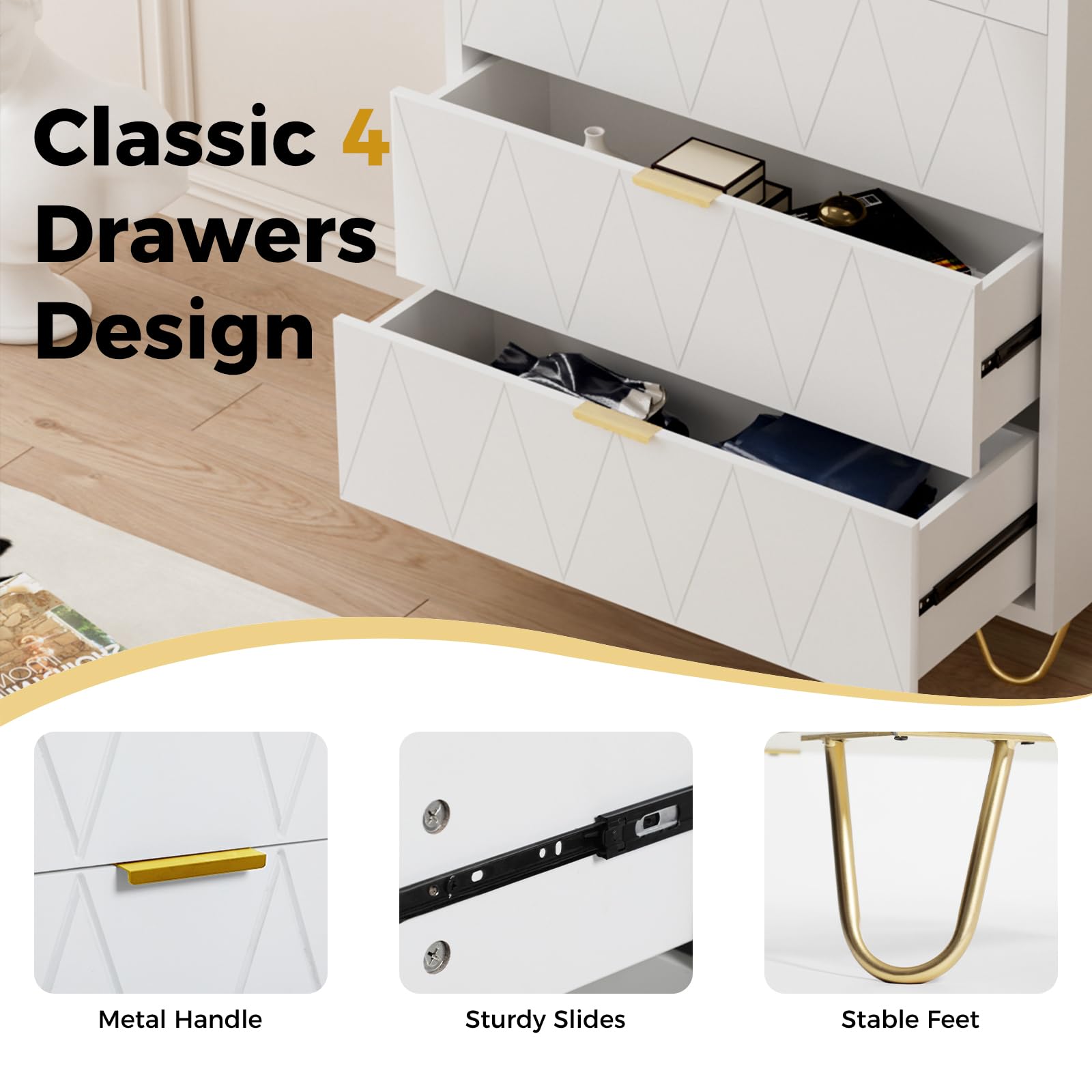 ADOFFUR White Dresser for Bedroom, Wood Tall 4 Drawers Dresser with Metal Handles and Legs, Modern Dressers & Chest of Drawers with with Anti-Tipping for Bedroom, Living Room, Hallway, Entryway