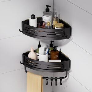 projoy adhesive shower caddy,2 pack black rustproof 90° bathroom corner shelf,large capacity wall mount bathroom organizers and storage shelves,no drilling shower gel holder with hooks for home decor