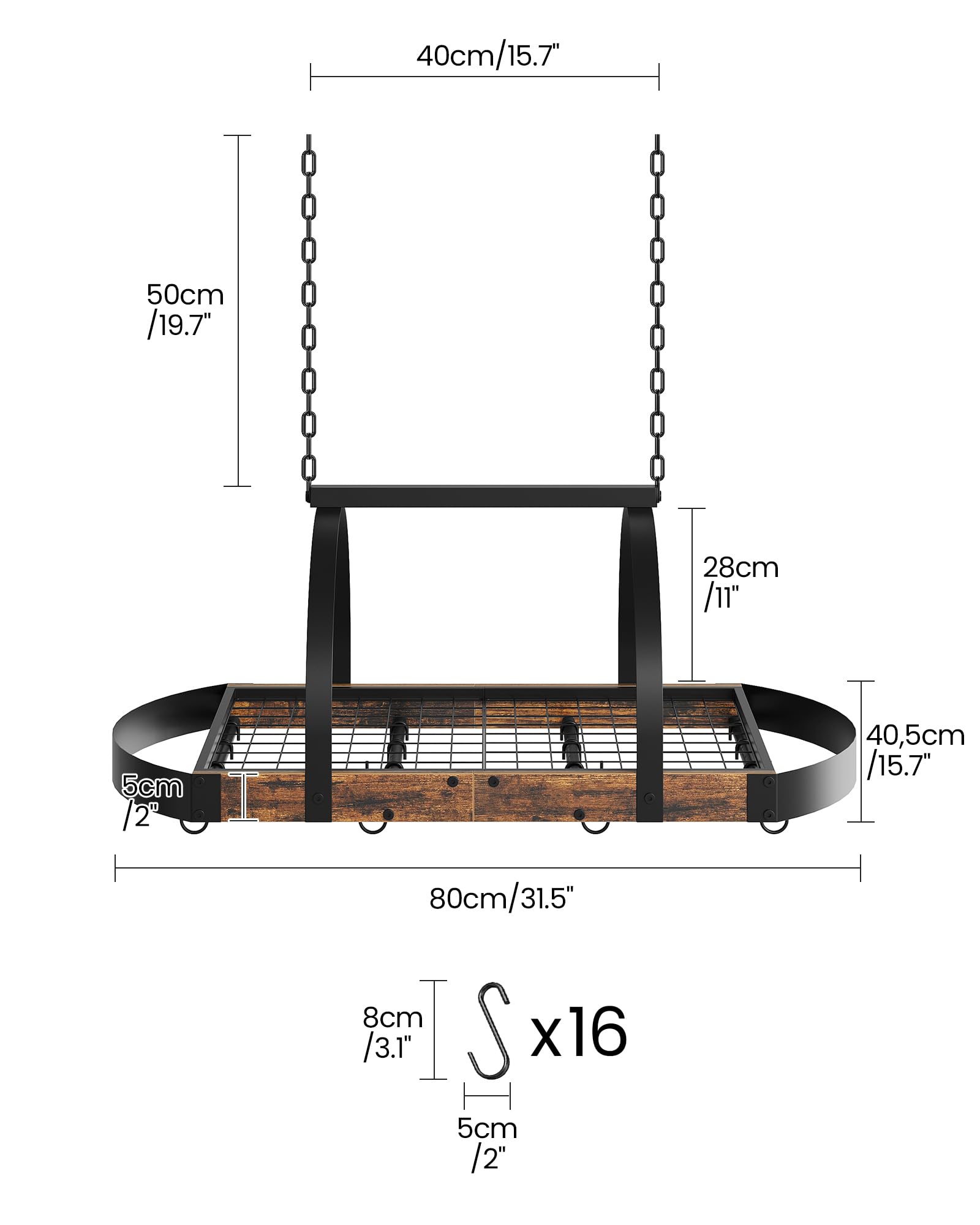 CHOEZON Hanging Pot Rack, Pot Hanger for Kitchen, Ceiling Mounted Pot Holder, Cookware Organizer with 12 S-Shaped Hooks, for Pot, Pan Storage, Space Saver, Rustic Brown and Black TPR08BF