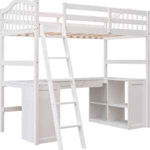 Harper & Bright Designs Twin Size Loft Bed with Desk, Wood Loft Bed Twin with Drawers, Cabinet, Shelves, Kids Loft Twin Bed with Desk and Storage for Girls Boys Teens,No Box Spring Needed,White