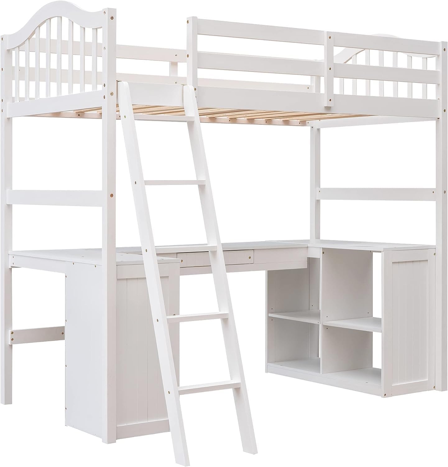 Harper & Bright Designs Twin Size Loft Bed with Desk, Wood Loft Bed Twin with Drawers, Cabinet, Shelves, Kids Loft Twin Bed with Desk and Storage for Girls Boys Teens,No Box Spring Needed,White