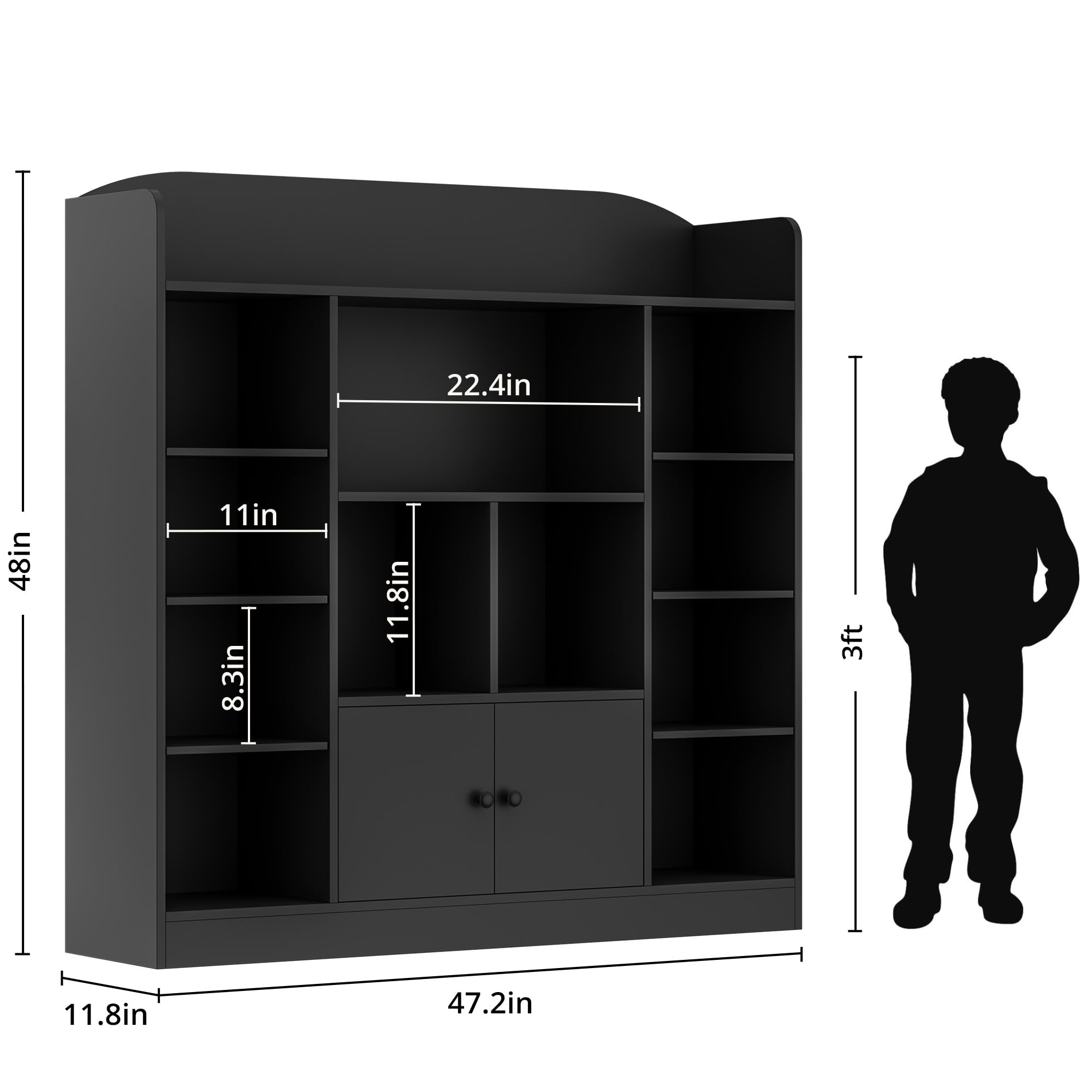 DIYART Black Kids Bookshelf, Display Bookcase with 11 Cubbies and 2 Cabinets, Freestanding Book Storage Shelves for Bedroom, Playroom, Hallway