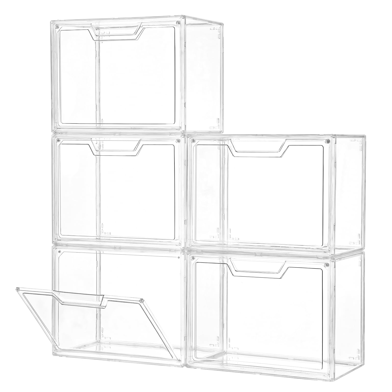 5 Pack Clear Storage Bins with Lids, Storage Containers with Magnetic Door, Stackable Acrylic Display Case for Handbags, Cosmetic, Multifunctional Storage Boxes for Dorm, Living Room, Bedroom Storage