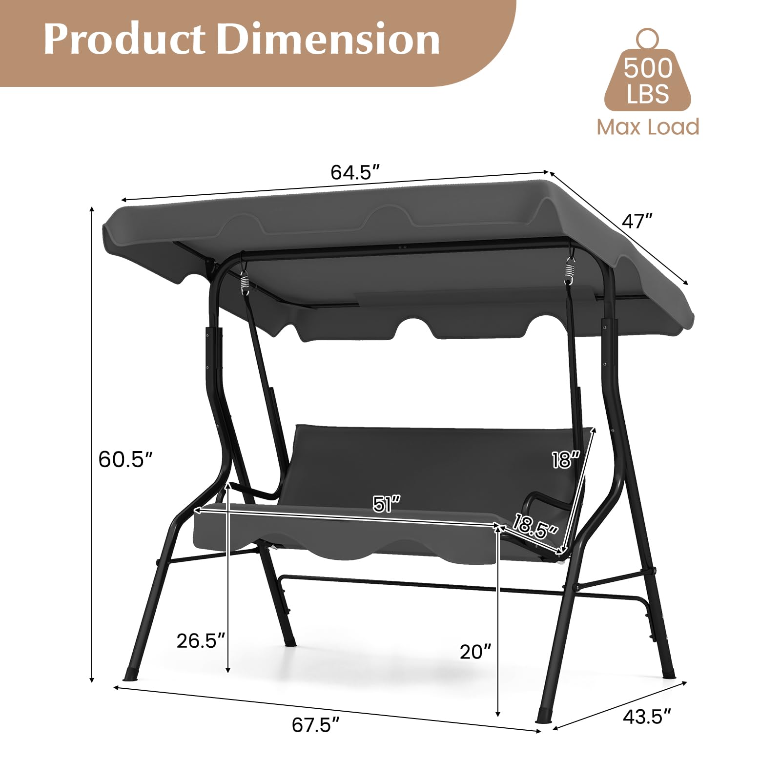 RELAX4LIFE 3-Person Porch Swing Chair - Outdoor Swing w/Adjustable Canopy, Removable Cushion & Metal Frame Stand, 3 Seat Swing Bench for Backyard Garden Poolside, Patio Swing for Adults (Grey)