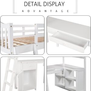 Harper & Bright Designs Twin Size Loft Bed with Desk, Wood Loft Bed Twin with Drawers, Cabinet, Shelves, Kids Loft Twin Bed with Desk and Storage for Girls Boys Teens,No Box Spring Needed,White