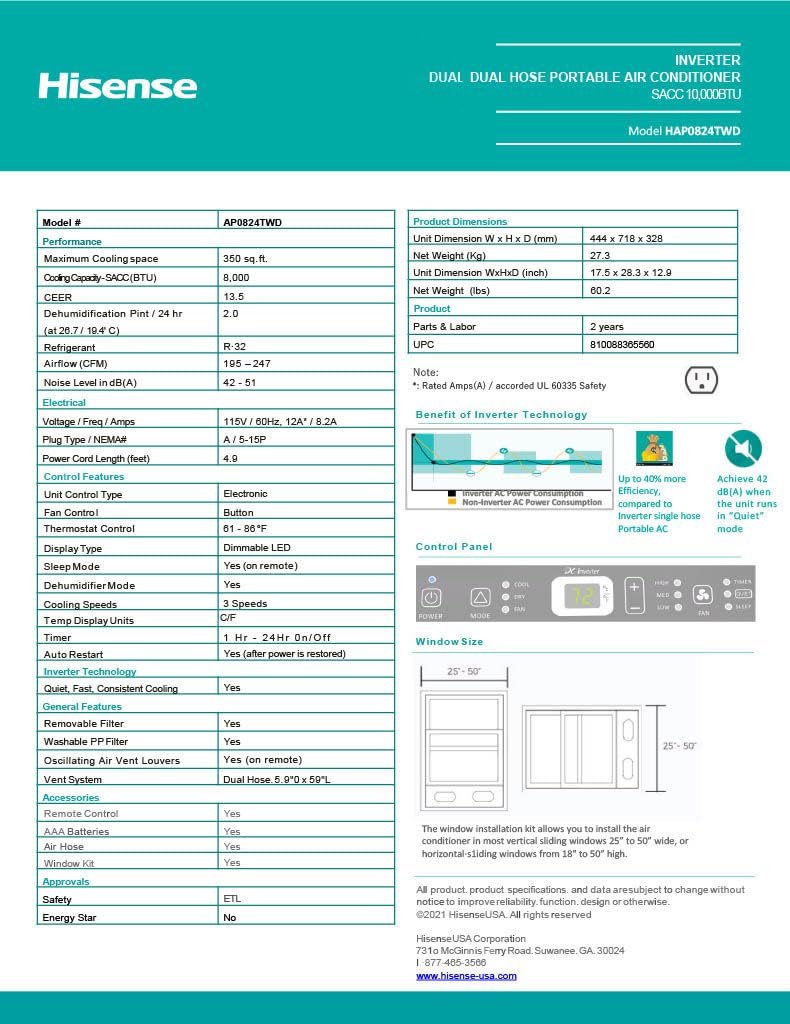 Hisense 8,000 BTU Portable Air Conditioner with Dual Hose & Inverter, 350 Sq Ft, Wi-Fi, ConnectLife App for Google and Alexa, 3 operating modes, Noise 42 dB(A) - HAP0824TWD (Renewed)