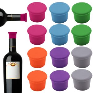 12 pcs silicone wine stoppers, reusable silicone wine saver sealer stoppers cover,wine bottle caps corks to keep wine champagne beverages sparkling beer storage fresh (6 colors)