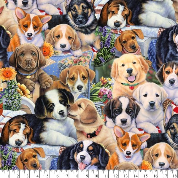 David Textiles Dogs & Puppies Garden Cotton Fabric by The Yard (1 Yard Cut)