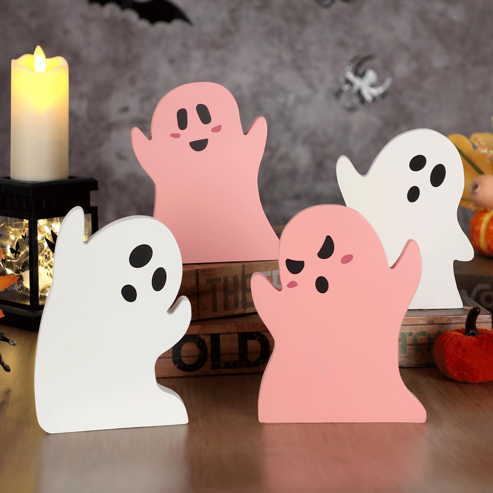 4Pcs Pink Halloween Table Decorations Wooden Cute Ghost Table Centerpiece Decor Pink White Spooky Tiered Tray Pastel Ghosts Wood Plank Signs Tabletop Halloween Party Shelf Display Office Home Kid Gift