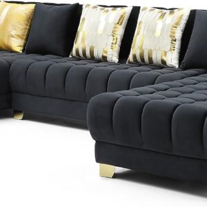 Woodpecker's Inc Marigold Velvet U-Shaped Double Chaise Sectional Sofa - with 6 Pillows & Gold Legs (Black)