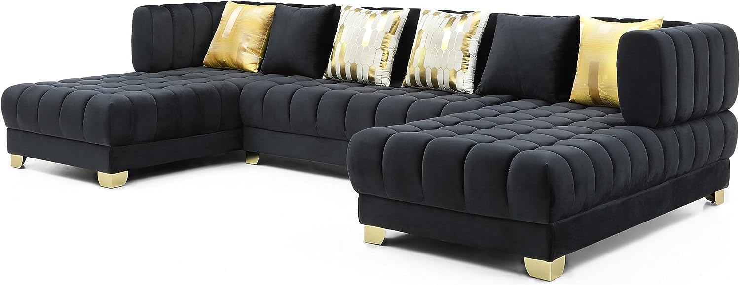 Woodpecker's Inc Marigold Velvet U-Shaped Double Chaise Sectional Sofa - with 6 Pillows & Gold Legs (Black)