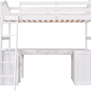 Harper & Bright Designs Twin Size Loft Bed with Desk, Wood Loft Bed Twin with Drawers, Cabinet, Shelves, Kids Loft Twin Bed with Desk and Storage for Girls Boys Teens,No Box Spring Needed,White